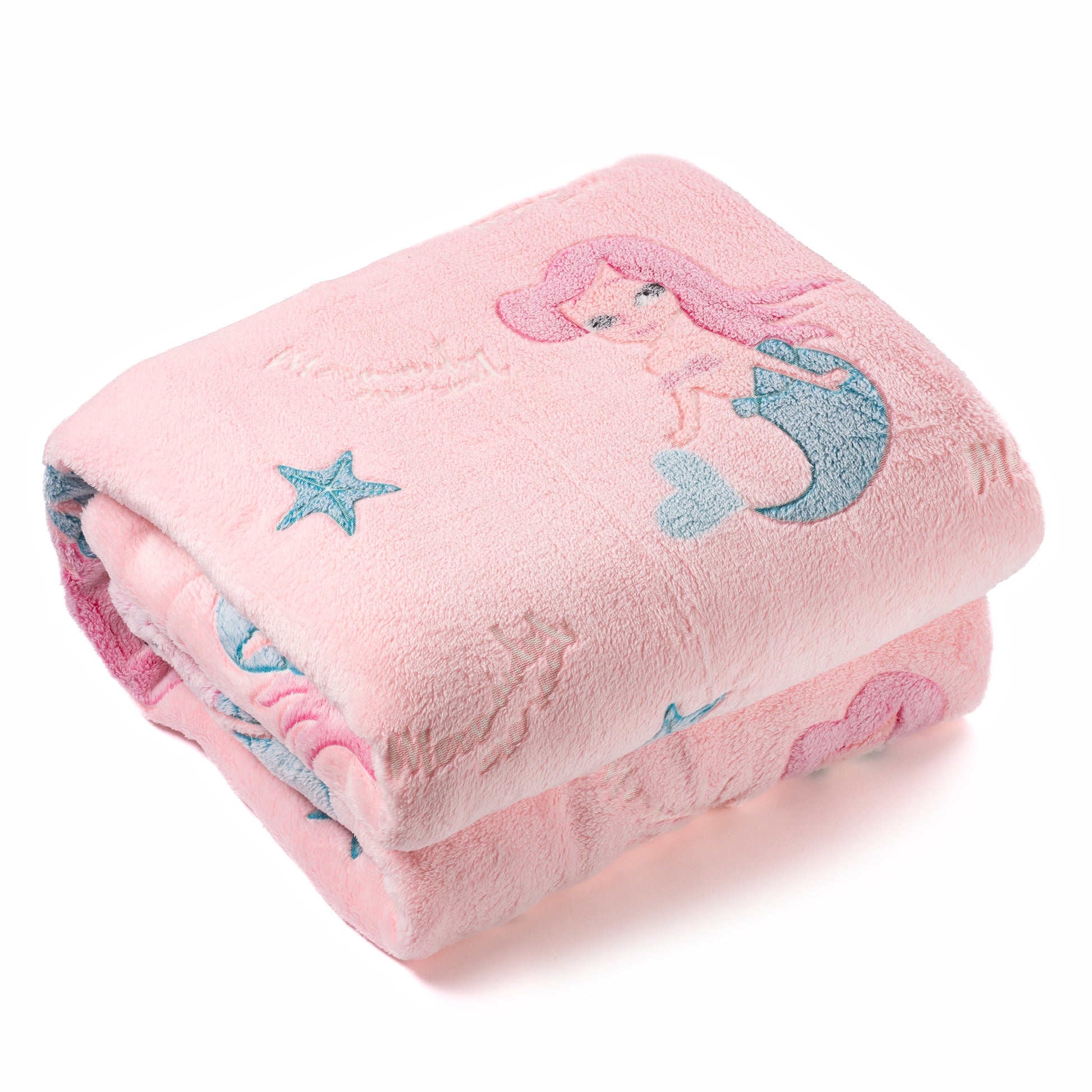 Pink mermaid blanket neatly folded white background